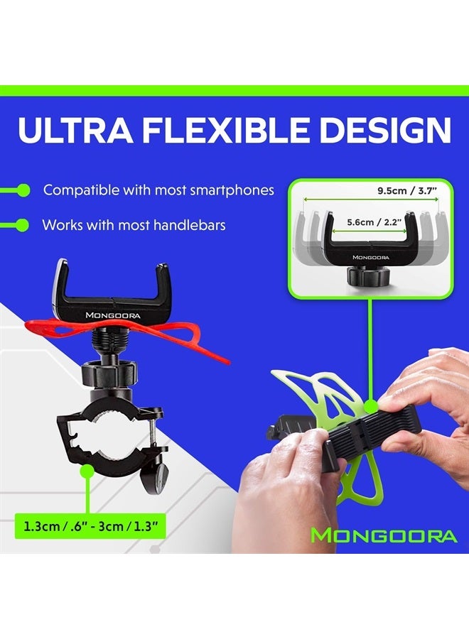 Mongoora Bike & Motorcycle Phone Mount - GPS Cell Phone Holder for Bicycle Handlebar - Easy to Install Bike Accessories Fits iPhone, Galaxy, Android - Stocking Stuffers - 3 Bands (Black, Red, Green) - Image 3