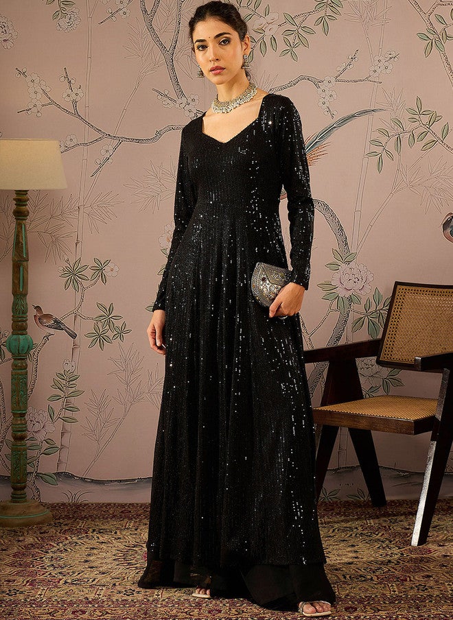 SASSAFRAS Black Sequinned Anarkali Kurta for Women - Image 5