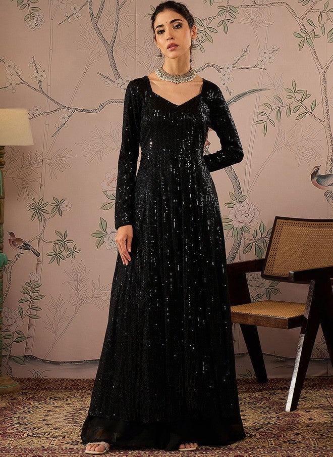 SASSAFRAS Black Sequinned Anarkali Kurta for Women - Image 1