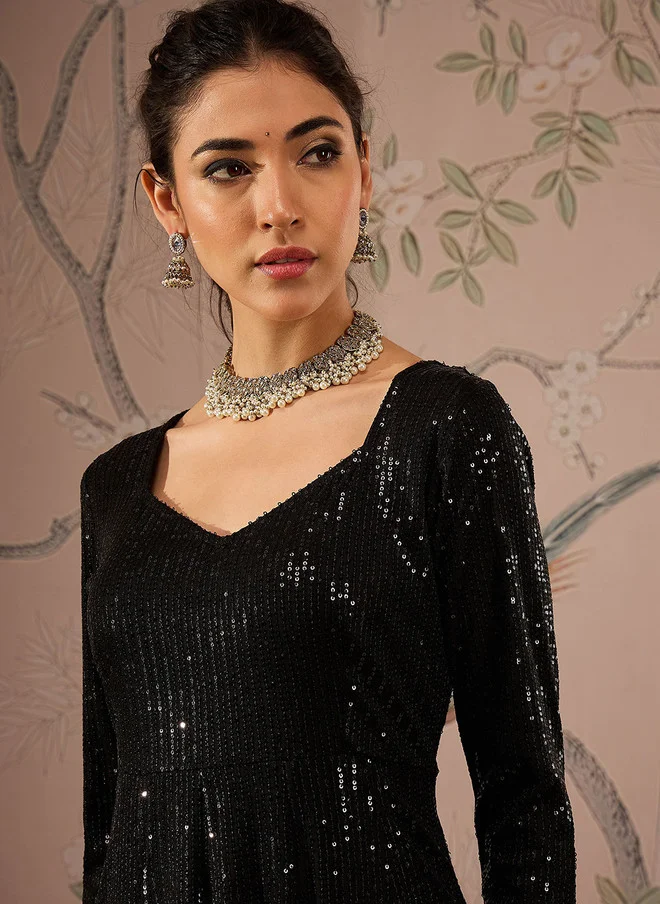 SASSAFRAS Black Sequinned Anarkali Kurta for Women