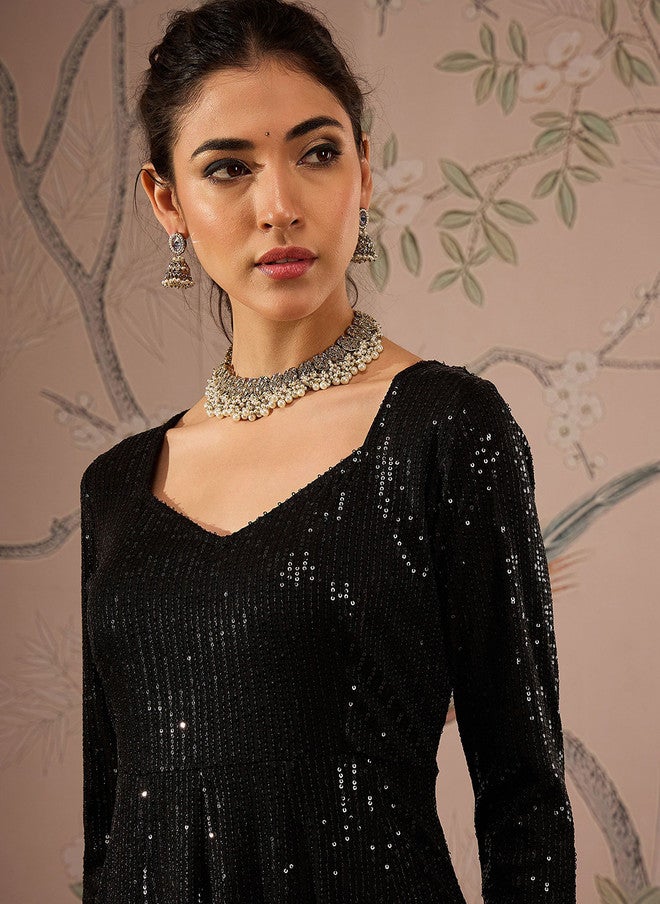 SASSAFRAS Black Sequinned Anarkali Kurta for Women - Image 2