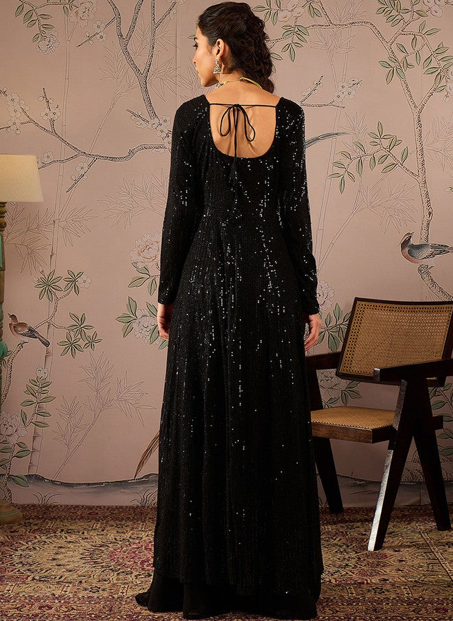 SASSAFRAS Black Sequinned Anarkali Kurta for Women - Image 4