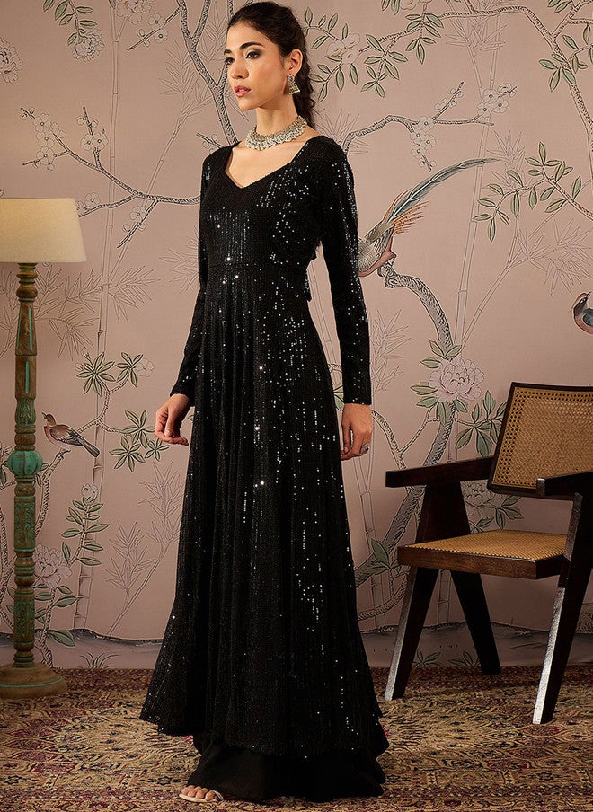 SASSAFRAS Black Sequinned Anarkali Kurta for Women - Image 3