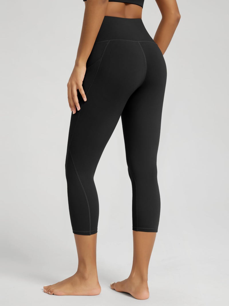 ODODOS Women's High Waisted Cropped Yoga Leggings with Pockets, 23" Inseam Tummy Control Workout Running Yoga Pants, Black, Medium - Image 2