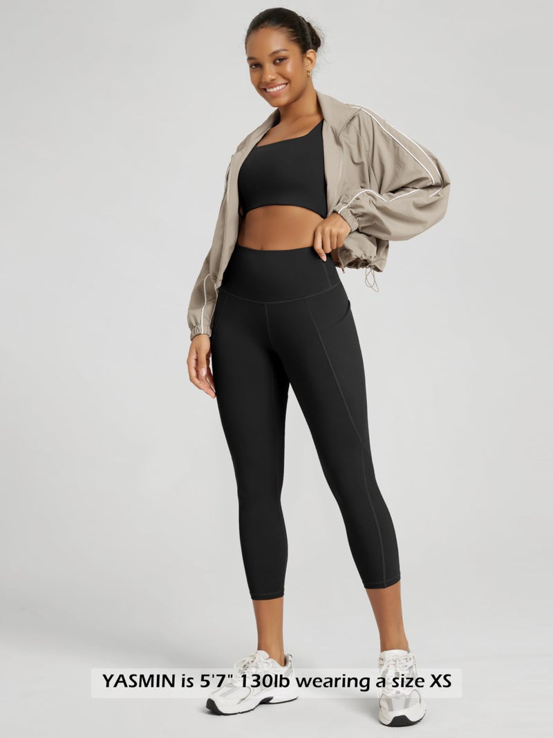 ODODOS Women's High Waisted Cropped Yoga Leggings with Pockets, 23" Inseam Tummy Control Workout Running Yoga Pants, Black, Medium - Image 4
