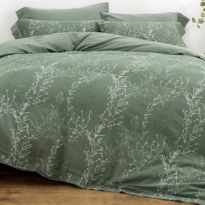 DUVET COVER SET FULLQUEEN SIZE WASHED COTTON YARN JACQUARD GREEN AND WHITE THIN BRANCH PATTERN FLORAL STYLE 3PIECE BEDDING SET