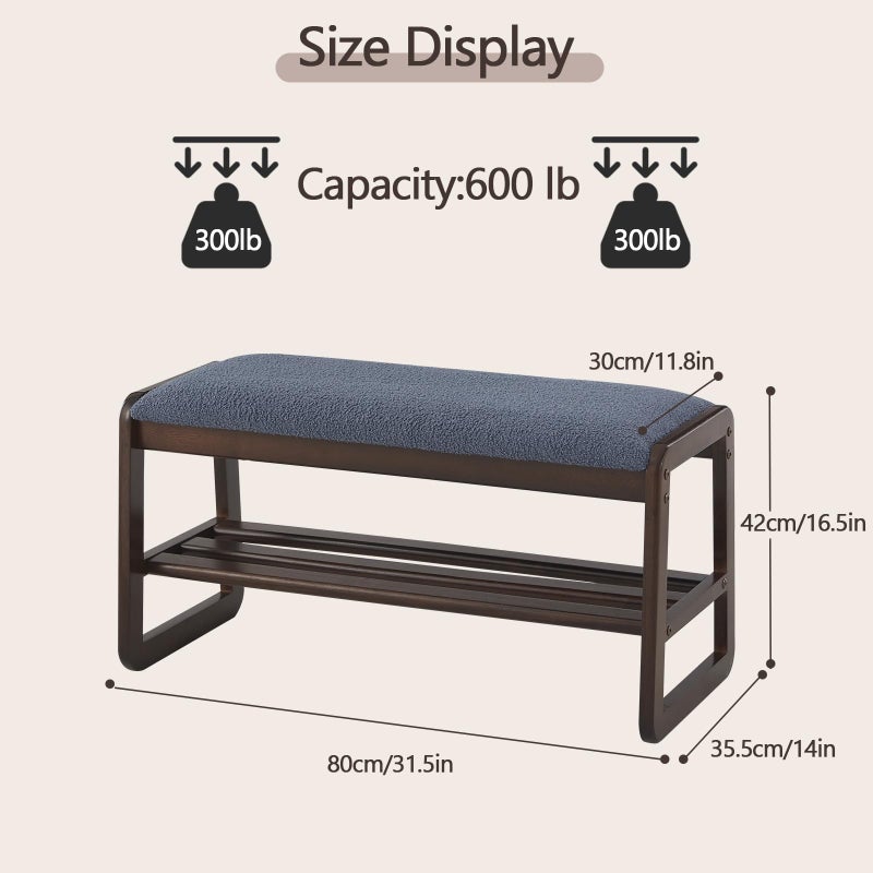 Achicsofar Shoe Rack Bench,2 Tier Solid Wooden Entryway Bench with Shoe Storage, Shoe Rack with Cushion for Living Room, Hallway(Grayish Blue, 31.5") - Image 2