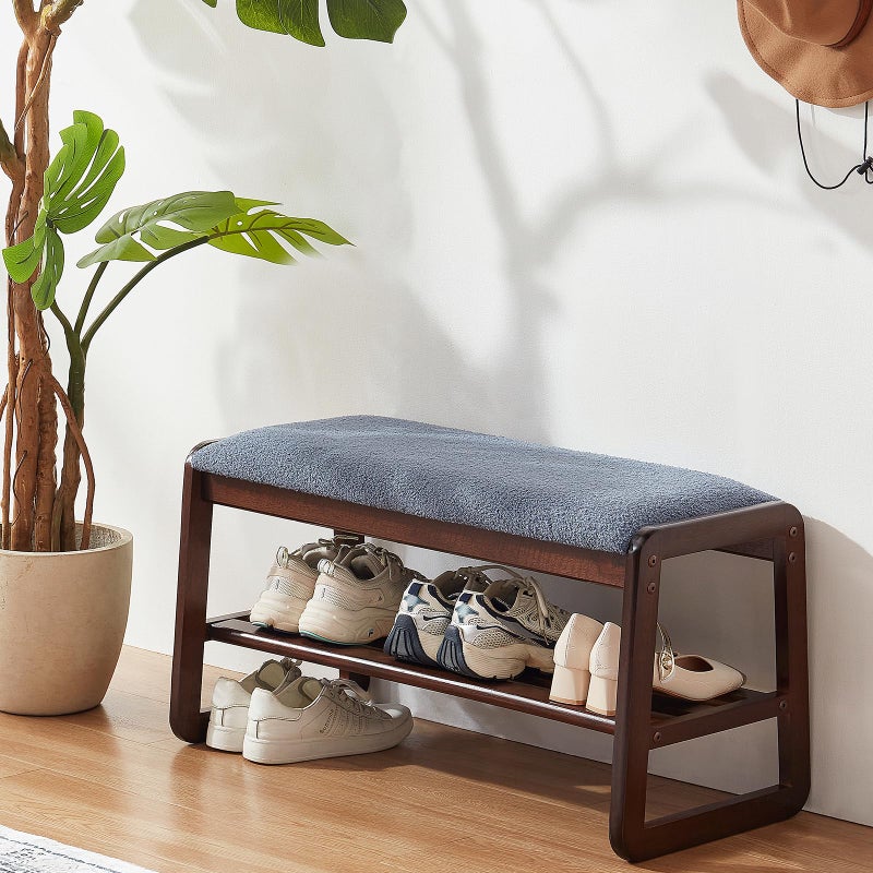 Achicsofar Shoe Rack Bench,2 Tier Solid Wooden Entryway Bench with Shoe Storage, Shoe Rack with Cushion for Living Room, Hallway(Grayish Blue, 31.5") - Image 1