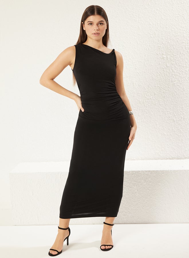 trendyol Black Plain Gather / Drape Midi Fitted Gather Drape Detail Stretchy Knit Dress - Image 2