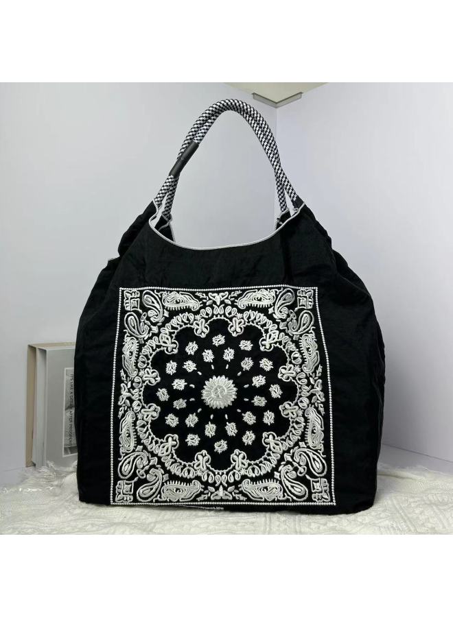 Fashionable Summer Japanese Style Ball Chain Embroidery Large Capacity Women's Shoulder Bag Trendy Crossbody Bag For Motorcycle-Color:Black Cashew Flower-Size:Medium - Image 1