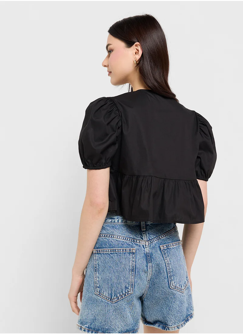 Ginger Puff Sleeve Tie Up Peplum Blouse
