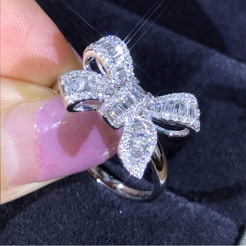 RKKOJJO 925 Sterling Silver Shiny Full Diamond Gemstone Ring Cubic Zirconia Rings CZ Diamond Butterfly Ring Eternity Engagement Wedding Band Ring for Women (US Code 8) - Image 1