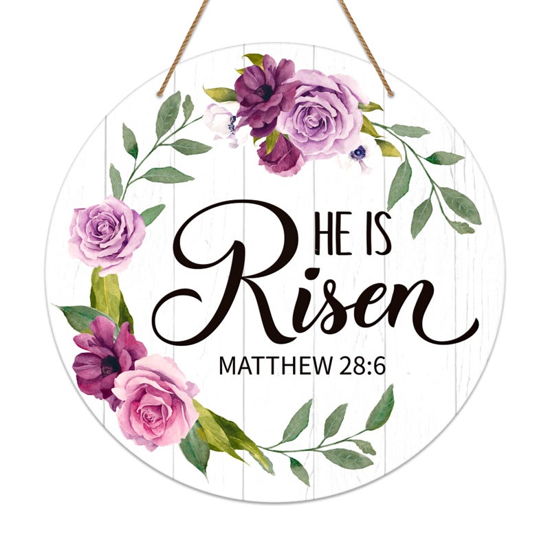 SICOHOME He is Risen Easter Decor - 11.8" He is Risen Door Sign Religious Christian Gift Vintage Floral Easter Door Decorations for Home Wall Farmhouse Indoor Outdoor Spring Hanging Sign - Image 1
