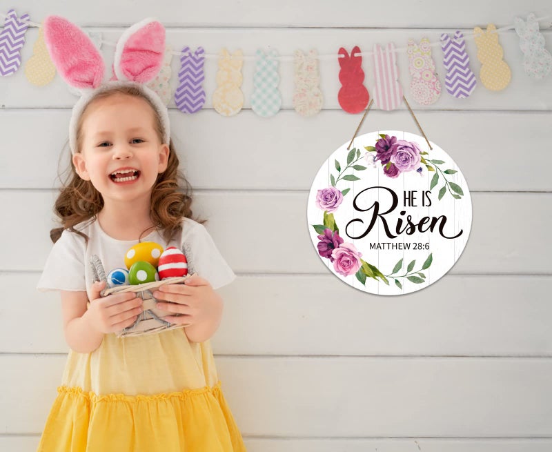SICOHOME He is Risen Easter Decor - 11.8" He is Risen Door Sign Religious Christian Gift Vintage Floral Easter Door Decorations for Home Wall Farmhouse Indoor Outdoor Spring Hanging Sign - Image 3