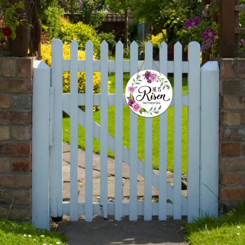SICOHOME He is Risen Easter Decor - 11.8" He is Risen Door Sign Religious Christian Gift Vintage Floral Easter Door Decorations for Home Wall Farmhouse Indoor Outdoor Spring Hanging Sign - Image 4
