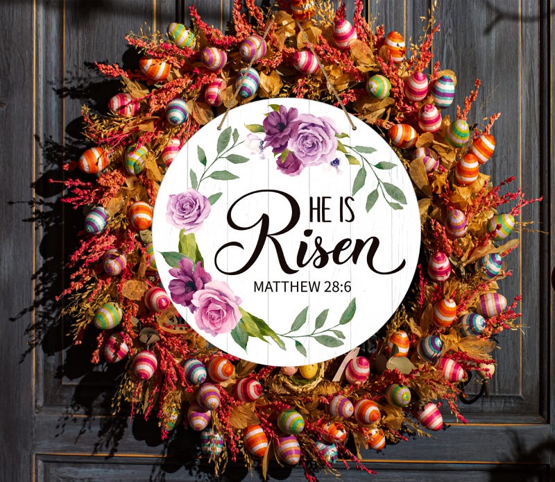 SICOHOME He is Risen Easter Decor - 11.8" He is Risen Door Sign Religious Christian Gift Vintage Floral Easter Door Decorations for Home Wall Farmhouse Indoor Outdoor Spring Hanging Sign - Image 5