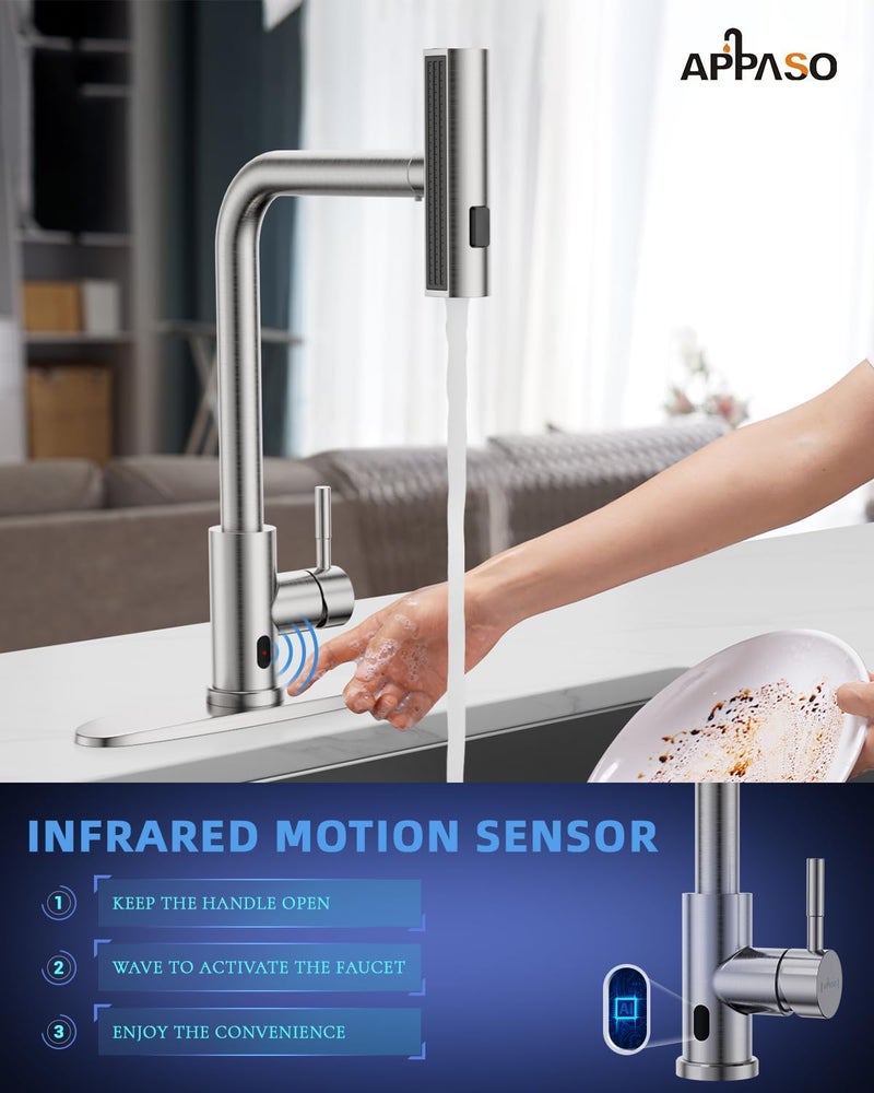 APPASO Touchless Kitchen Faucet with Pull Down Sprayer, Waterfall Motion Sensor Kitchen Sink Faucet Touchless, Brushed Nickel Stainless Steel Single Handle Hands-Free Sink Faucet - Image 2