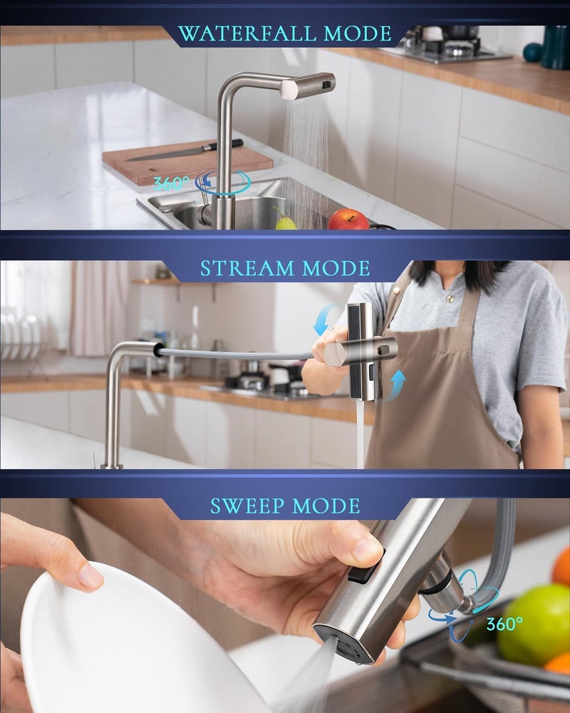 APPASO Touchless Kitchen Faucet with Pull Down Sprayer, Waterfall Motion Sensor Kitchen Sink Faucet Touchless, Brushed Nickel Stainless Steel Single Handle Hands-Free Sink Faucet - Image 3