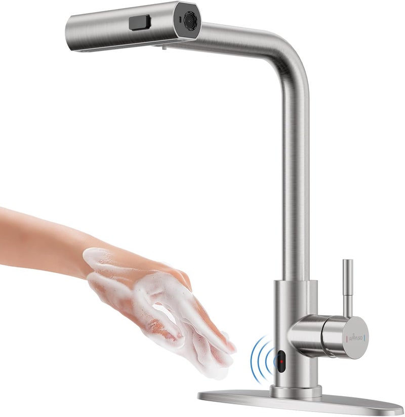 APPASO Touchless Kitchen Faucet with Pull Down Sprayer, Waterfall Motion Sensor Kitchen Sink Faucet Touchless, Brushed Nickel Stainless Steel Single Handle Hands-Free Sink Faucet - Image 1