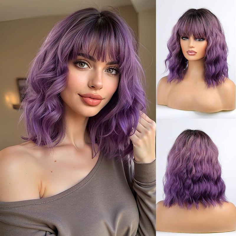 Esmee Short Wavy Ombre Purple Bob Wig with Bangs for Women Natural Synthetic Hair Ombre Wigs with Dark Roots Cosplay Party Use -14 Inches - Image 1