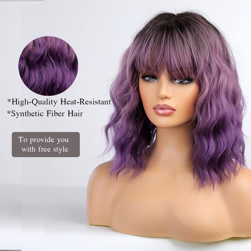 Esmee Short Wavy Ombre Purple Bob Wig with Bangs for Women Natural Synthetic Hair Ombre Wigs with Dark Roots Cosplay Party Use -14 Inches - Image 3