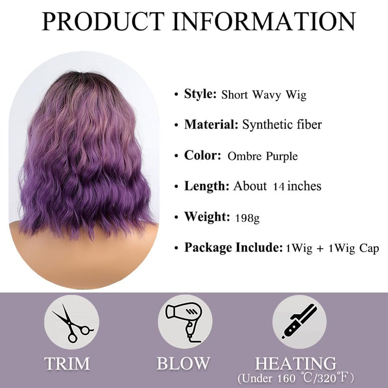 Esmee Short Wavy Ombre Purple Bob Wig with Bangs for Women Natural Synthetic Hair Ombre Wigs with Dark Roots Cosplay Party Use -14 Inches - Image 5