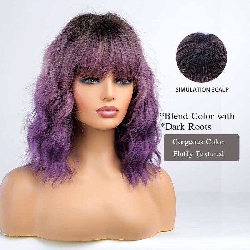 Esmee Short Wavy Ombre Purple Bob Wig with Bangs for Women Natural Synthetic Hair Ombre Wigs with Dark Roots Cosplay Party Use -14 Inches - Image 2