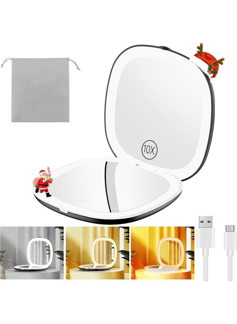 Gospire Gospire 3.9" Rechargeable Travel Makeup Mirror with Lights and Magnification 10X, 3 Light Colors & Adjustable Brightness, Magnetic Closure & Memory Function, LED Compact Mirror for Purse - Black 