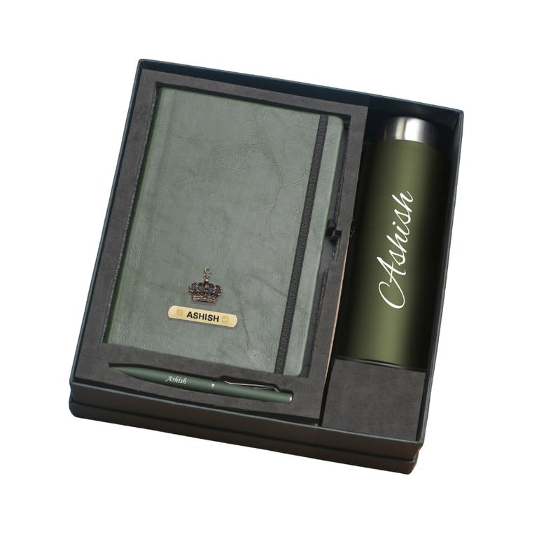 YOUR GIFT STUDIO YOUR GIFT STUDIO Stainless Steel Customized Gifts For Men Birthday Special, Personalized Dairy, Pen & Bottle With Charm Name, Gift Women Birthday, Anniversary, Wedding, (Green, 750 Ml)  - Image 1