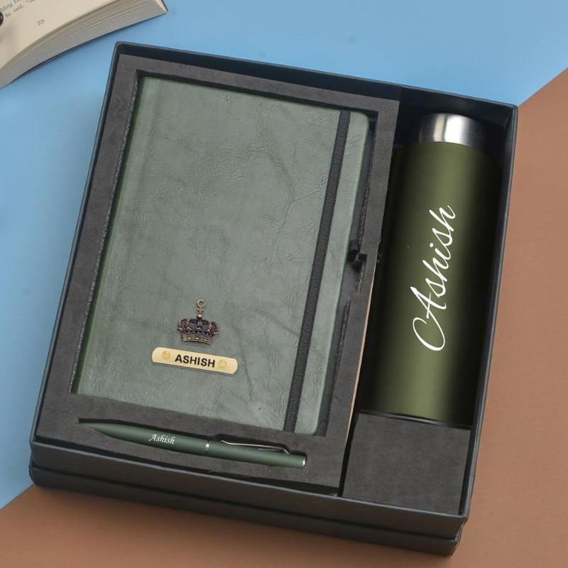 YOUR GIFT STUDIO YOUR GIFT STUDIO Stainless Steel Customized Gifts For Men Birthday Special, Personalized Dairy, Pen & Bottle With Charm Name, Gift Women Birthday, Anniversary, Wedding, (Green, 750 Ml)  - Image 2