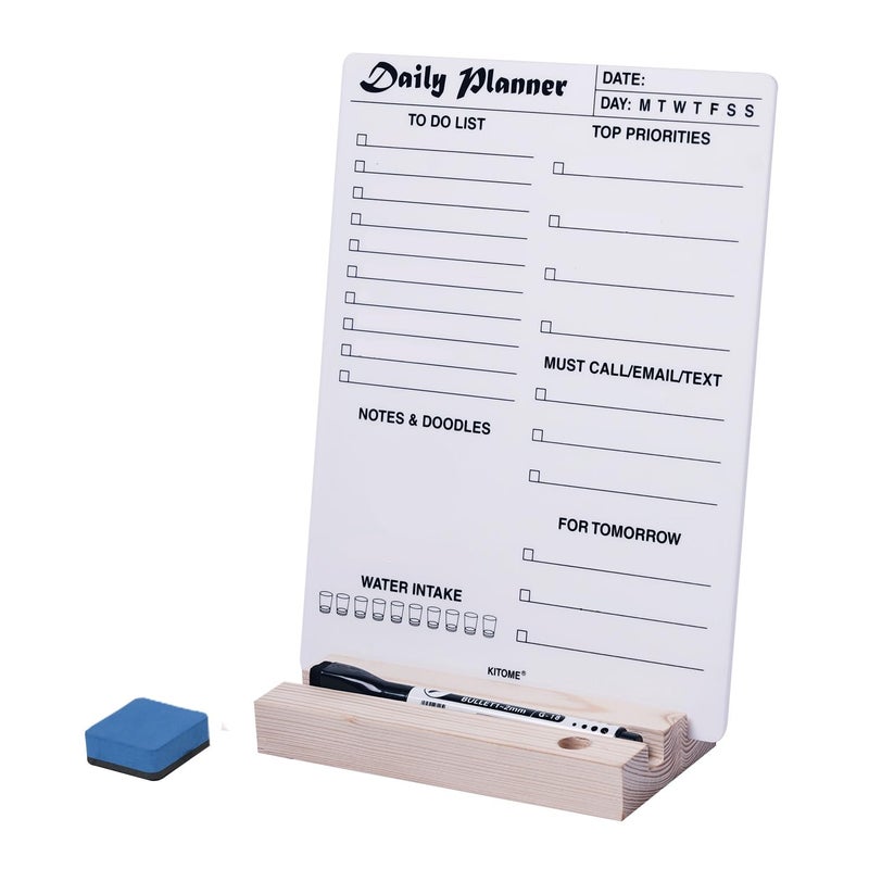 KITOME to Do List Planner – Acrylic Dry Erase Daily Planner Board (24x18 cm), Double-Sided Desk Organizer with Wooden Base, 1 Marker & Duster for Home, Office & Study Table. - Image 1