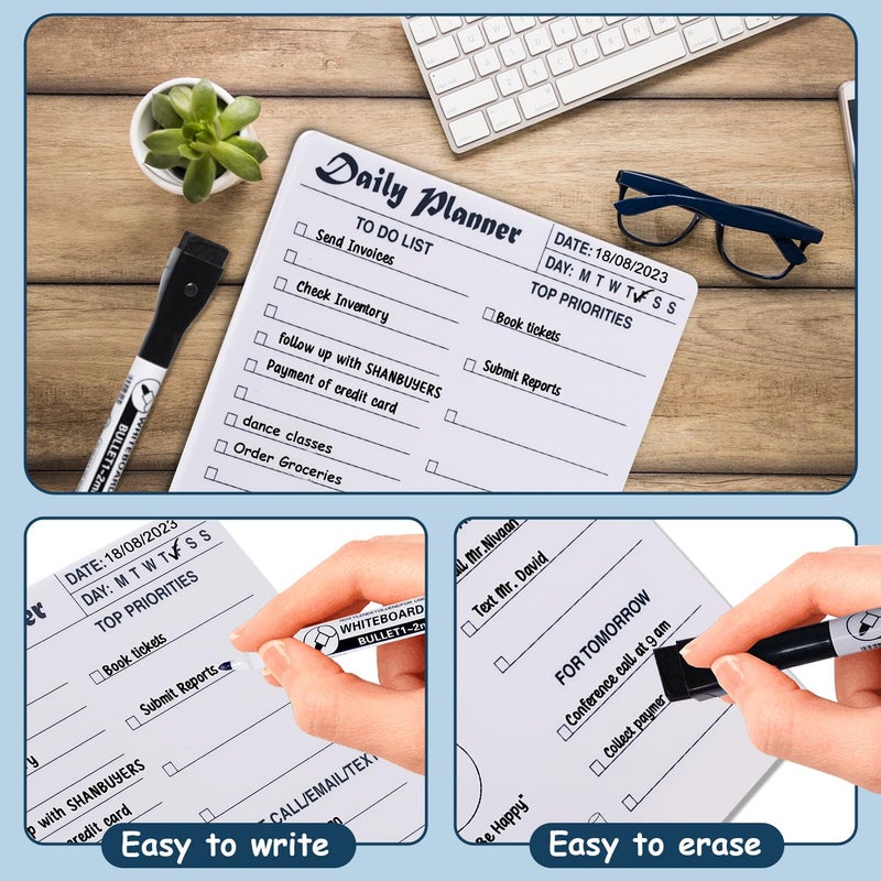 KITOME to Do List Planner – Acrylic Dry Erase Daily Planner Board (24x18 cm), Double-Sided Desk Organizer with Wooden Base, 1 Marker & Duster for Home, Office & Study Table. - Image 3