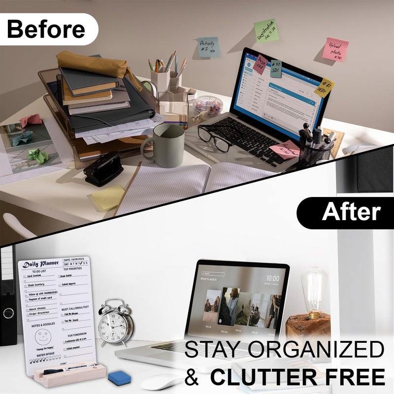 KITOME to Do List Planner – Acrylic Dry Erase Daily Planner Board (24x18 cm), Double-Sided Desk Organizer with Wooden Base, 1 Marker & Duster for Home, Office & Study Table. - Image 5