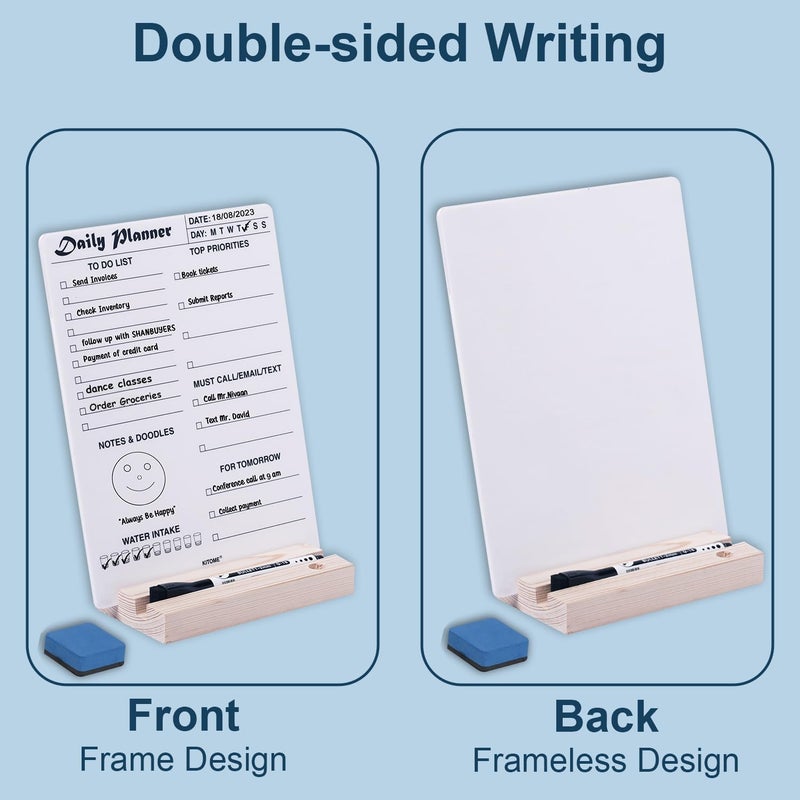 KITOME to Do List Planner – Acrylic Dry Erase Daily Planner Board (24x18 cm), Double-Sided Desk Organizer with Wooden Base, 1 Marker & Duster for Home, Office & Study Table. - Image 2