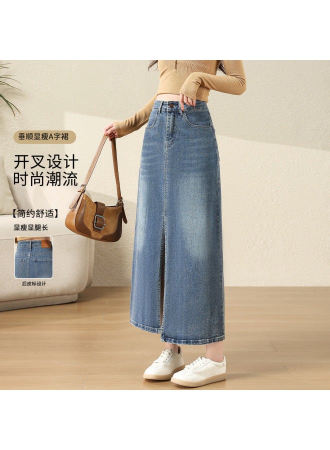 Jeanswest Fashion Retro Slit Straight Denim Skirt, Loose High Waist Slimming Flowy Versatile Denim A-Line Skirt - Image 2