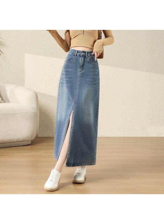 Jeanswest Fashion Retro Slit Straight Denim Skirt, Loose High Waist Slimming Flowy Versatile Denim A-Line Skirt - Image 5