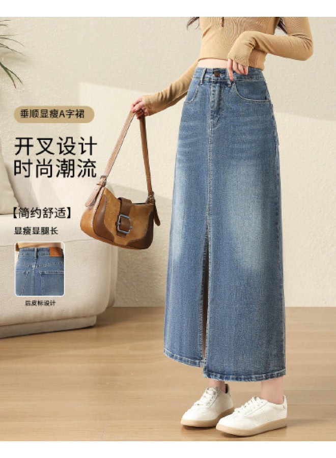 Jeanswest Fashion Retro Slit Straight Denim Skirt, Loose High Waist Slimming Flowy Versatile Denim A-Line Skirt - Image 1