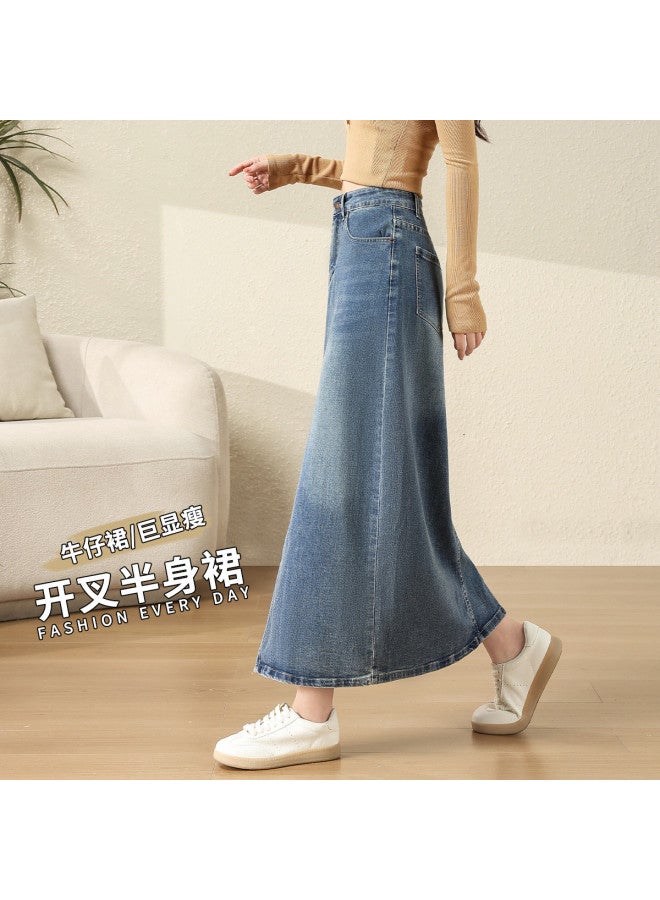 Jeanswest Fashion Retro Slit Straight Denim Skirt, Loose High Waist Slimming Flowy Versatile Denim A-Line Skirt - Image 3