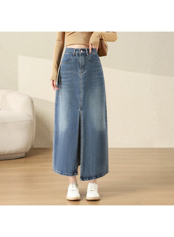 Jeanswest Fashion Retro Slit Straight Denim Skirt, Loose High Waist Slimming Flowy Versatile Denim A-Line Skirt - Image 4