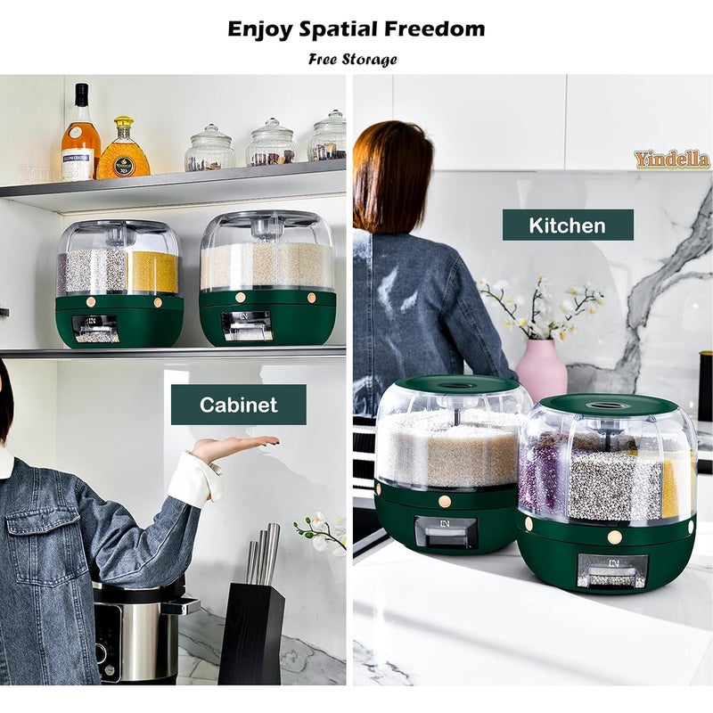 Matiko Rice Dispenser Rotating Dry Food Dispenser PP Plastic Kitchen Grain Storage Container with 6 Compartments Holder for Rice and Beans Round Big GREEN Rice Dispenser  - Image 4