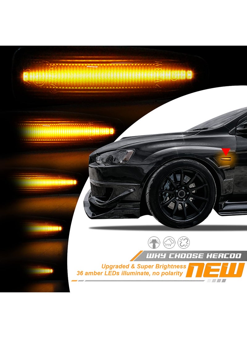 HERCOO Sequential Blink Amber LED Side Marker Light Assembly Compatible with Mitsubishi Lancer Outlander 2008-2013 Turn Signal Lamp Smoked Lens, Pack of 2