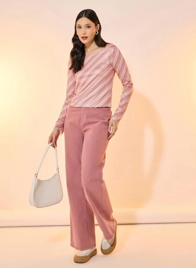 تايك تو بلوزة محبوكة بأكمام طويلة وياقة مستديرة مخططة