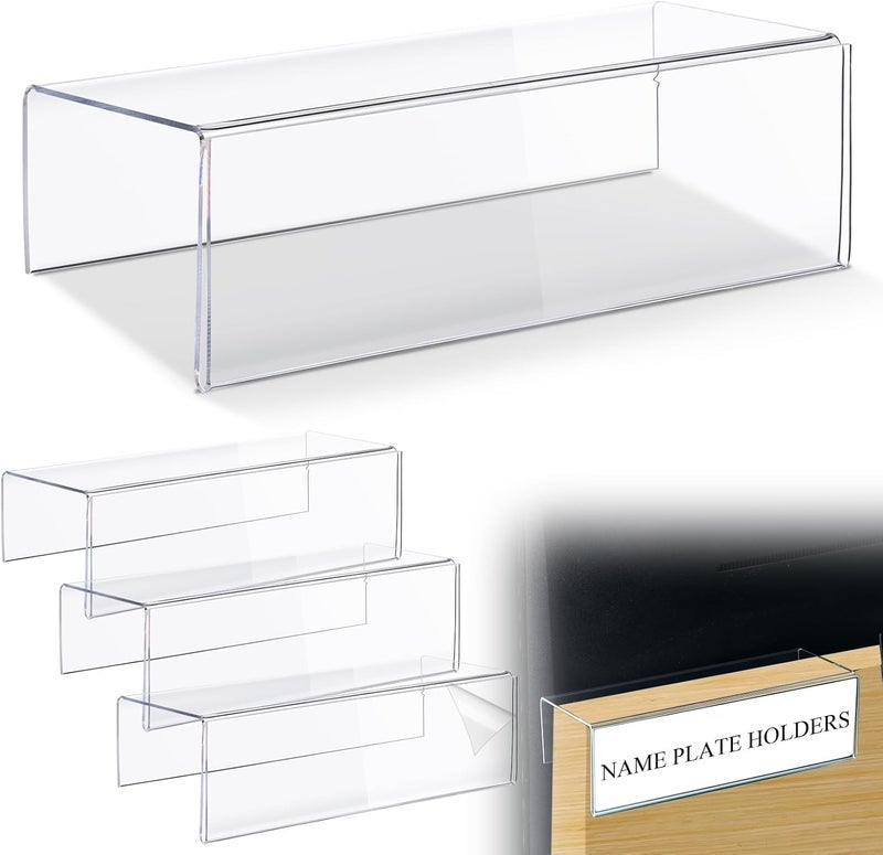 Kathfly 4 Pcs Single-Sided Acrylic Cubicle Name Plate Holders Clear Plastic Name Plate Holder for Office Home Classroom Library 8.5 x 2.5 x 3 Inch - Image 1