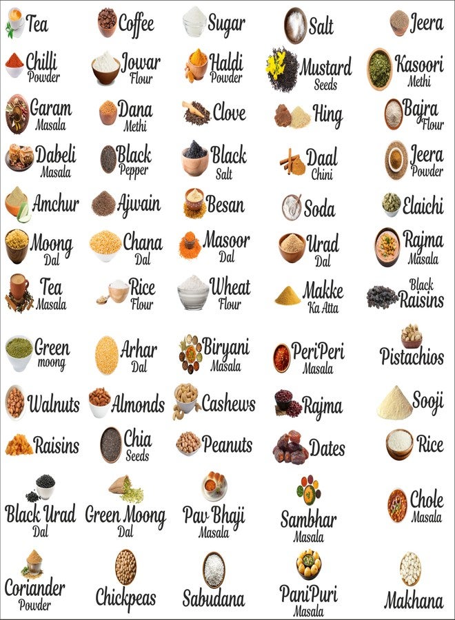 SWETVIBES Permanent Kitchen Labels Stickers for Jars Waterproof Scratch-Proof UV DTF Decals in Hindi & English Grocery Pantry Labels for Spices Condiments Pulses & Containers (60 Stickers) - Image 1