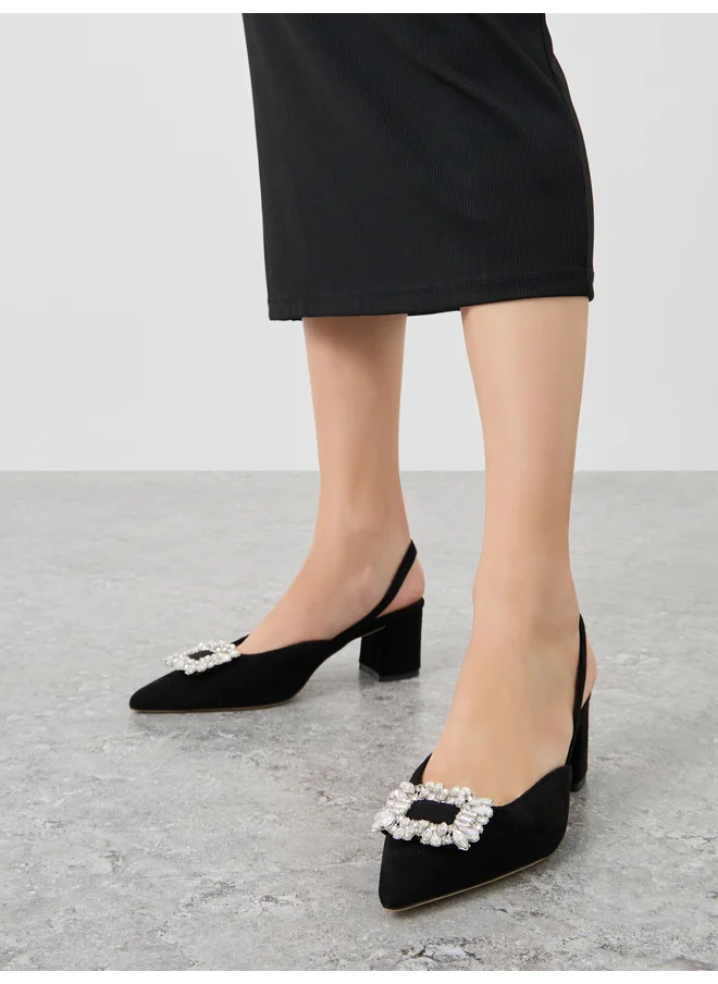 سنيك ايه بيك Sneak-a-Peek Rhinestone Buckle Detail Block Heel Slingback Shoes