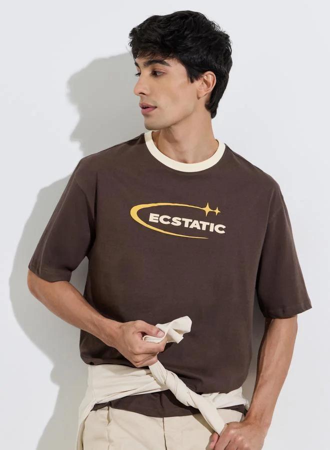 Brown Graphic Print Contrast Crew neck Oversized T-Shirt