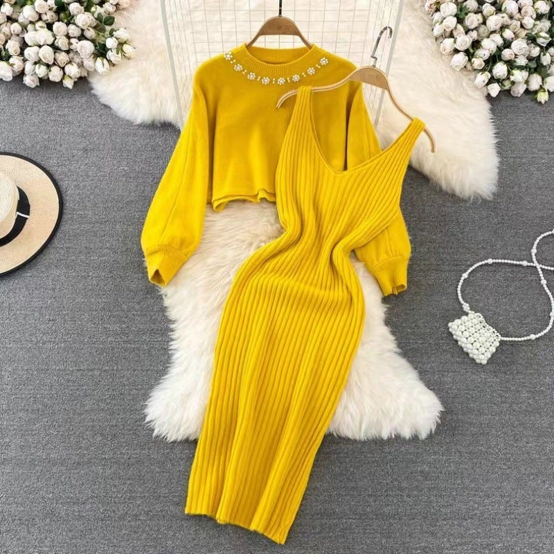 Chic Beaded Crop Sweater  Knit Vest Dress Set Yellow - Image 1