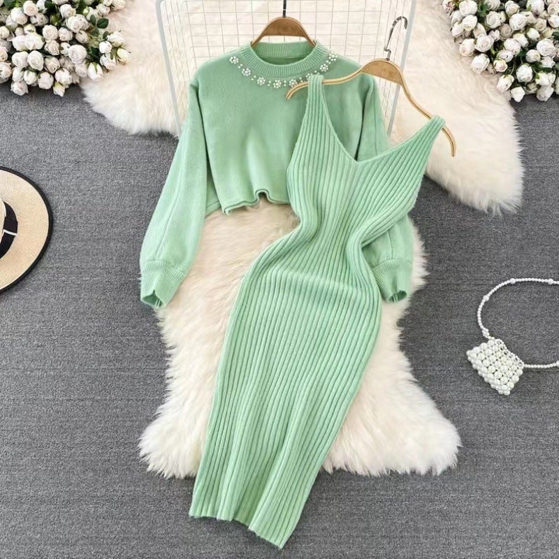 Chic Beaded Crop Sweater  Knit Vest Dress Set Yellow - Image 2