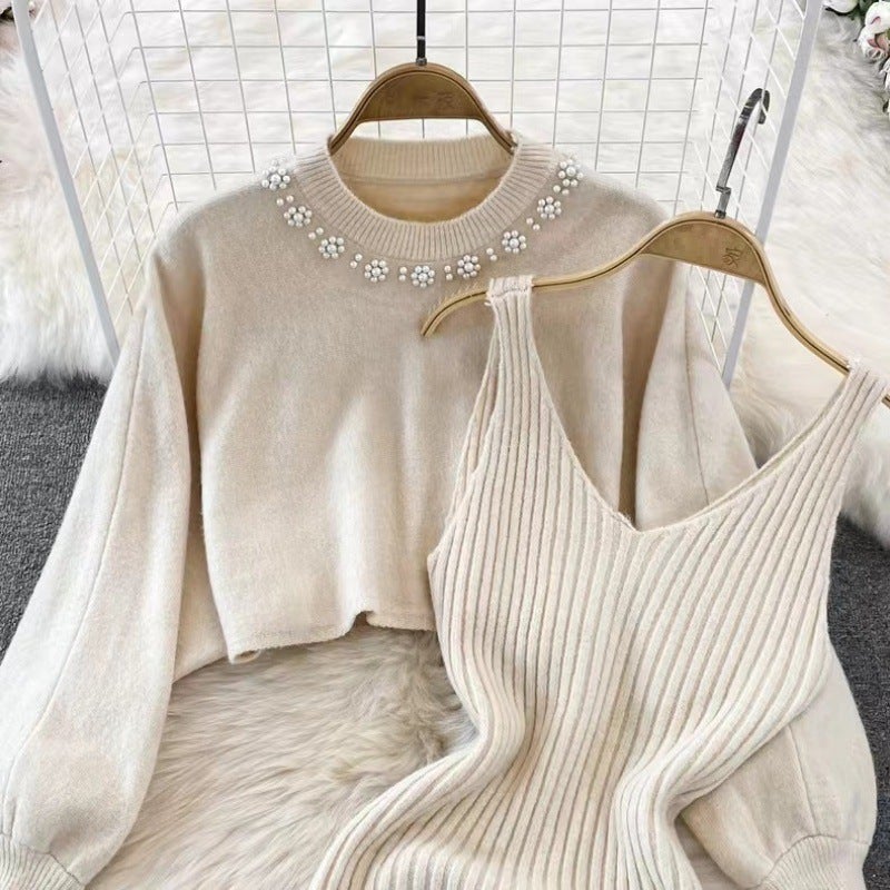 Chic Beaded Crop Sweater  Knit Vest Dress Set Yellow - Image 4