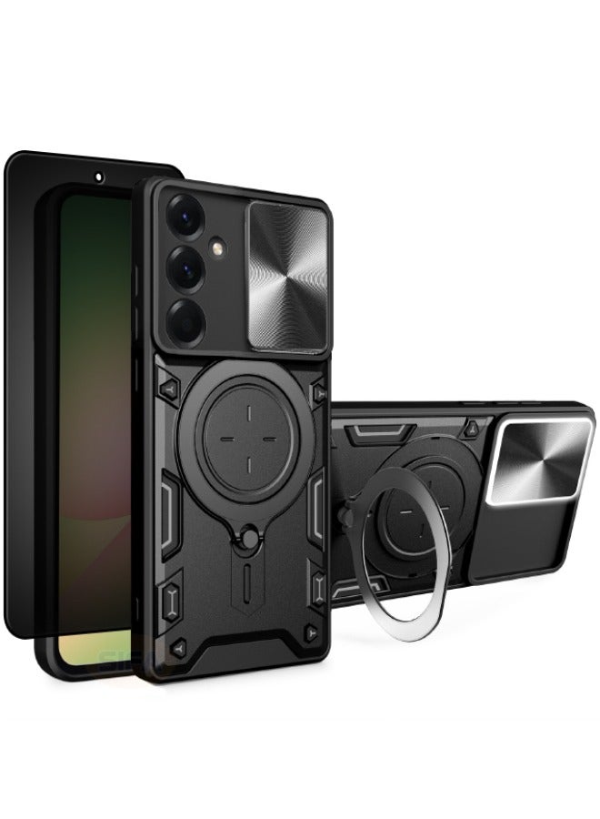 ريديان غطاء حماية لهاتف سامسونج جالاكسي A56 مع واقي شاشة للخصوصية، وحامل دائري مدمج يدور 360 درجة وغطاء كاميرا منزلق، جراب هاتف متين مقاوم للصدمات لهاتف سامسونج جالاكسي A56 5G مقاس 6.7 بوصة (أسود، عبوة من 1+1) - Image 1
